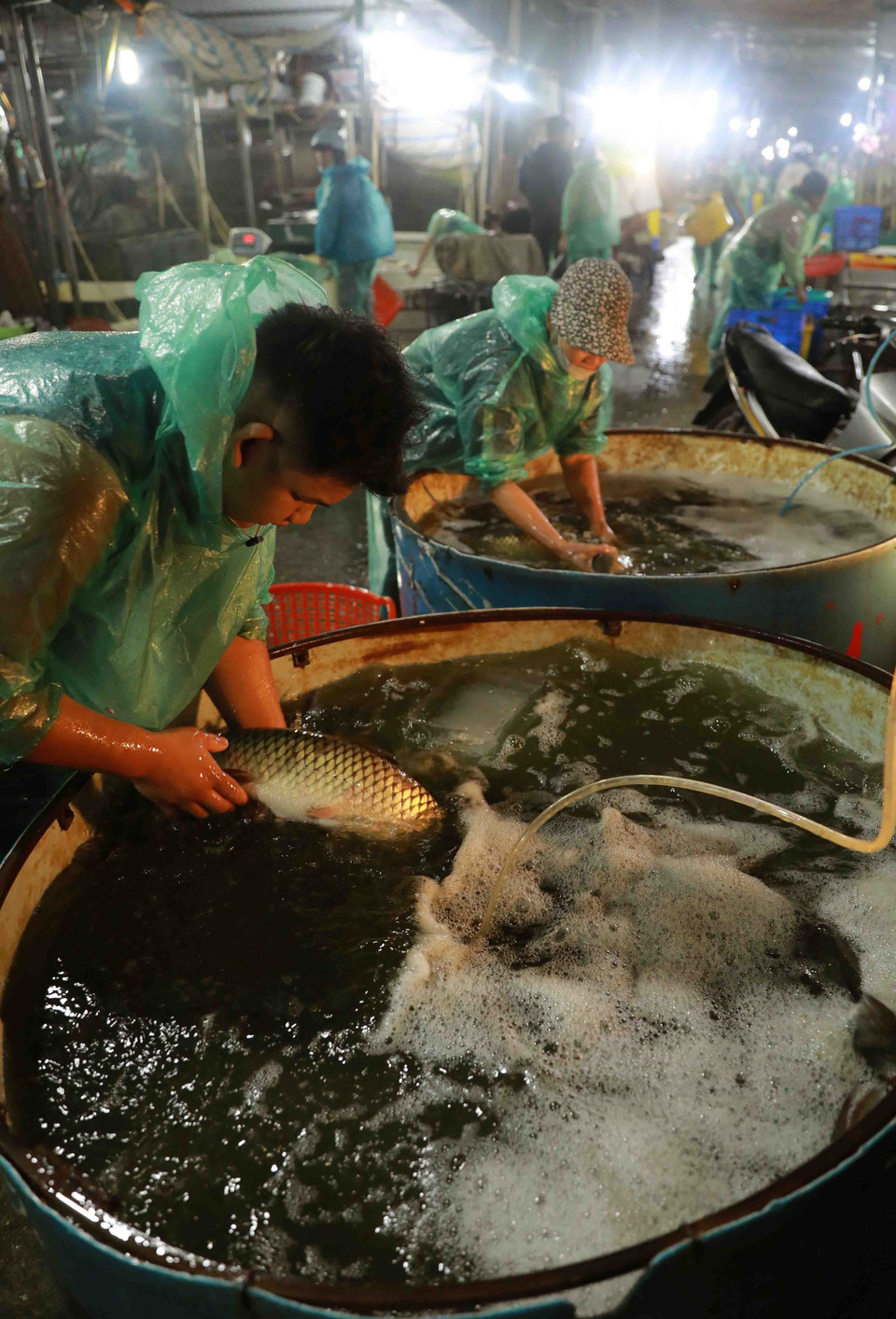 Mỗi ngày đêm, sản lượng hàng hóa trung chuyển qua chợ đầu mối thủy sản Sở Thượng, phường Yên Sở, quận Hoàng Mai ước đạt khoảng 45 tấn. (Ảnh: Vũ Sinh/TTXVN)