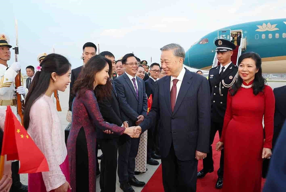 Cán bộ, nhân viên Đại sứ quán và cộng đồng người Việt Nam đón Tổng Bí thư, Chủ tịch nước Tô Lâm và Phu nhân tại Sân bay Quốc tế Bắc Kinh. (Ảnh: Trí Dũng/TTXVN)