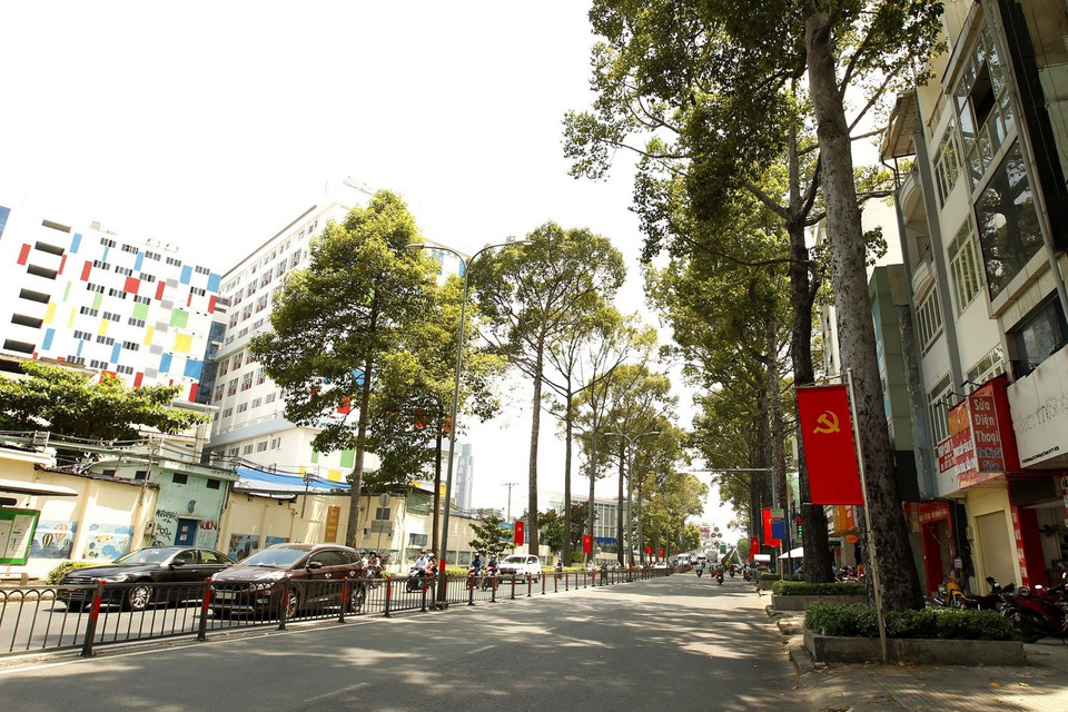 Cờ hoa được treo trên tuyến đường 3/2, Quận 10, TP Hồ Chí Minh. (Ảnh: Thanh Vũ/TTXVN)