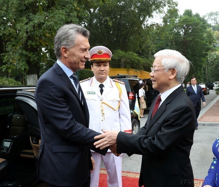 Tổng Bí thư, Chủ tịch nước Nguyễn Phú Trọng đón Tổng thống Argentina Mauricio Macri thăm cấp Nhà nước Việt Nam (2019). (Ảnh: Trí Dũng/TTXVN)