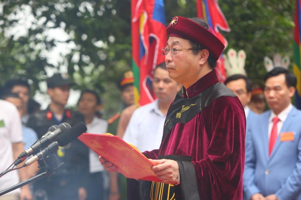 Phó Bí thư Thường trực Tỉnh ủy, Chủ tịch UBND tỉnh Phú Thọ Bùi Văn Quang, Chủ lễ Giỗ Tổ Hùng Vương năm Kỷ Hợi 2019, đọc Chúc văn. (nh: Thành Đạt/TTXVN)