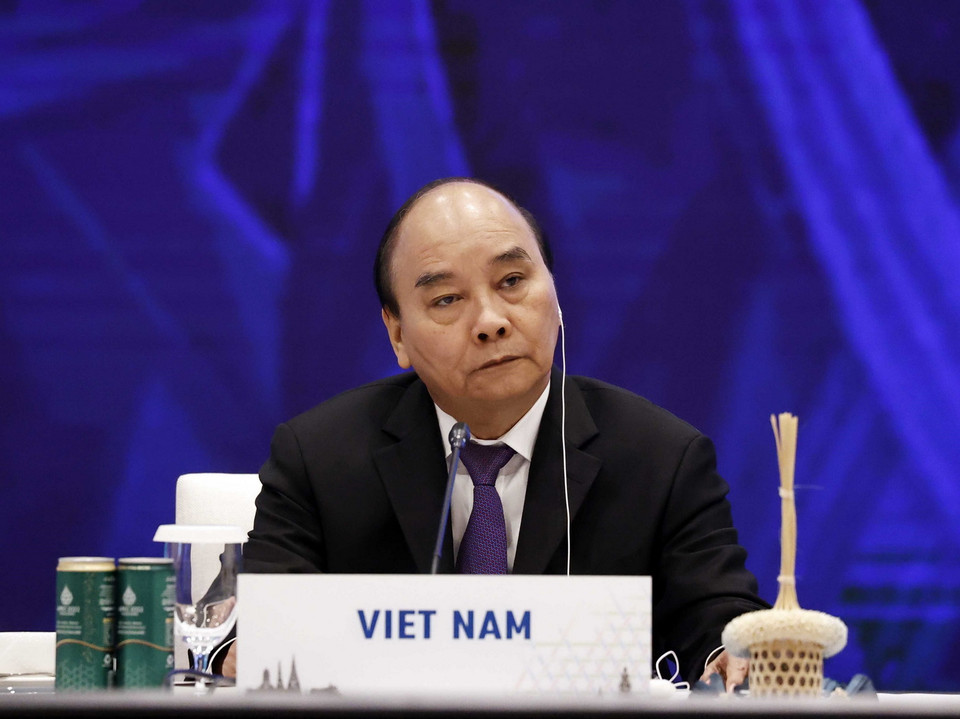 Chủ tịch nước Nguyễn Xuân Phúc tại Phiên họp thứ hai - Tuần lễ Cấp cao APEC 2022. (Ảnh: Thống Nhất/TTXVN)
