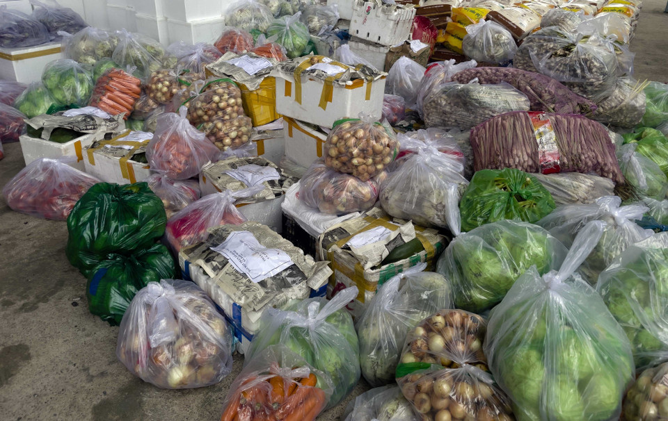 Bên cạnh 21 thùng khẩu trang y tế, người dân Bình Thuận gửi đến nhân dân TP.HCM những sản vật quê hương như 10 tấn thanh long, 7 tấn rau củ tươi, gần 2 tấn cá cấp đông, 0,5 tấn cá khô... (Ảnh: Xuân Khu/TTXVN)