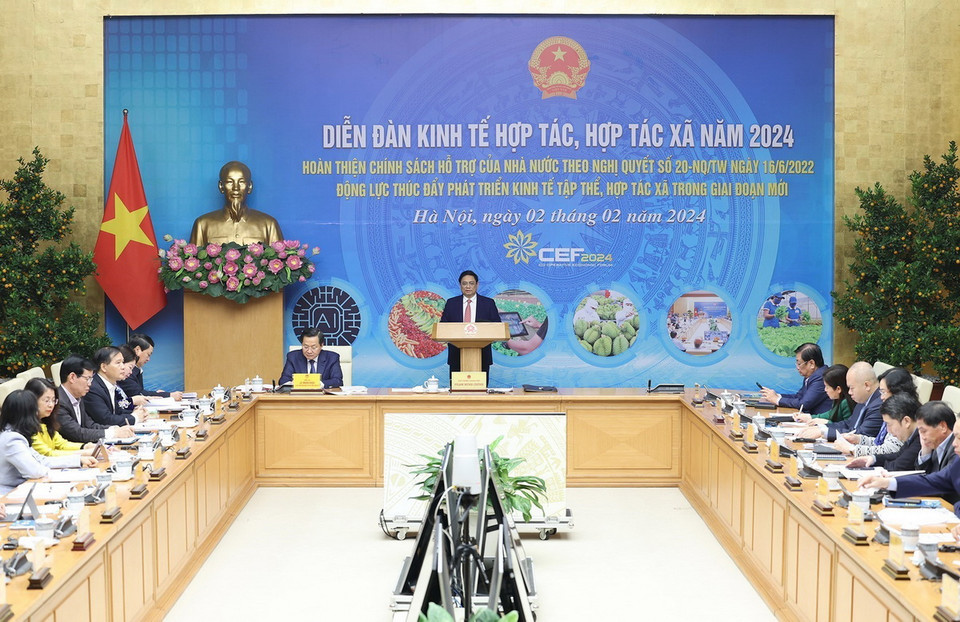 Thủ tướng Phạm Minh Chính chủ trì Diễn đàn Kinh tế Hợp tác, Hợp tác xã năm 2024. (Ảnh: Dương Giang/TTXVN)