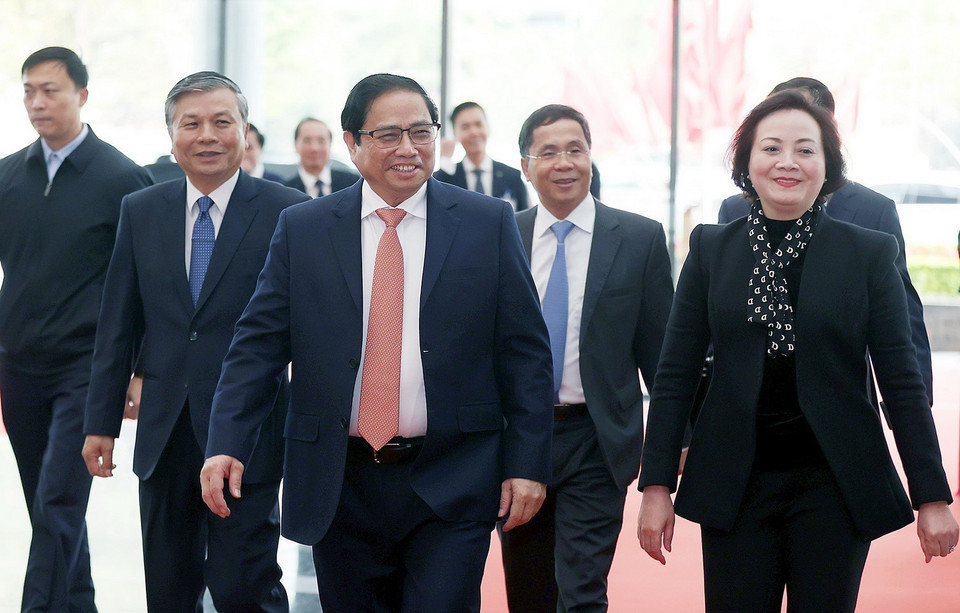 Thủ tướng Phạm Minh Chính đến dự Hội nghị triển khai nhiệm vụ năm 2023 của ngành Nội vụ. (Ảnh: Dương Giang/TTXVN)