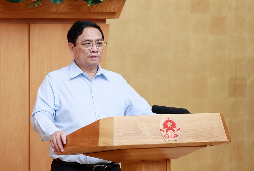 Thủ tướng Phạm Minh Chính phát biểu tại Phiên họp Chính phủ thường kỳ tháng 7/2023. (Ảnh: Dương Giang/TTXVN)