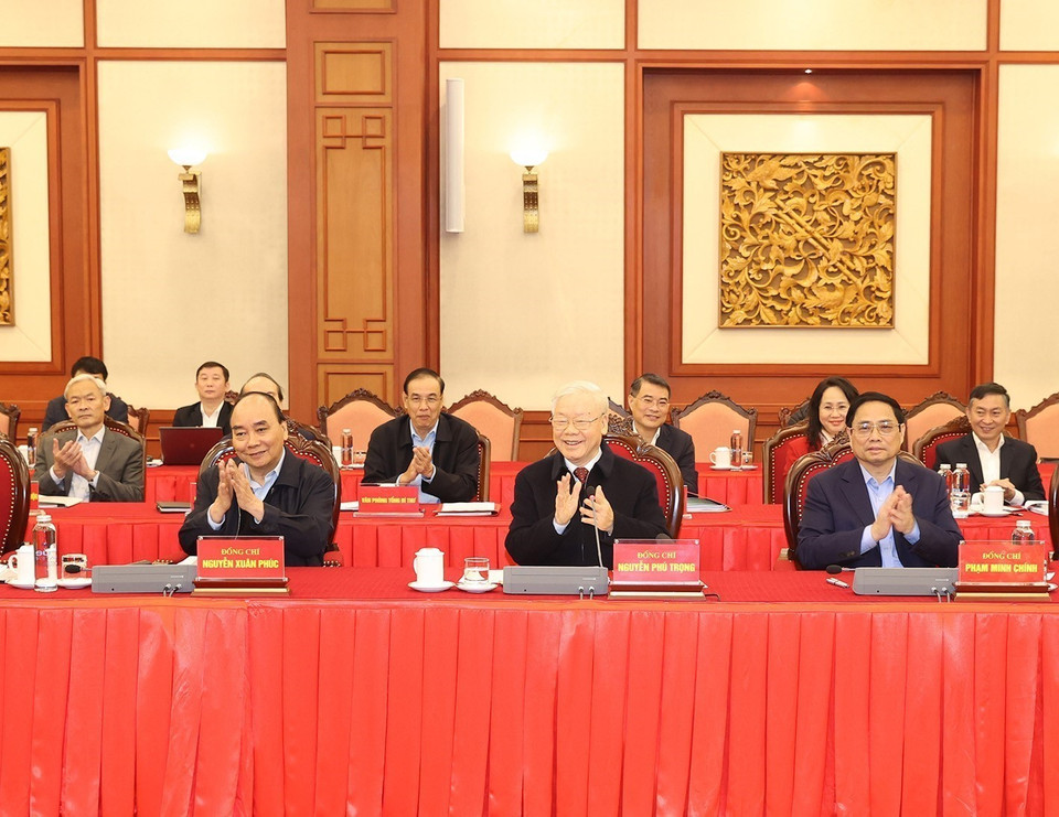 Tổng Bí thư Nguyễn Phú Trọng phát biểu kết luận buổi làm việc. (Ảnh: Trí Dũng/TTXVN)