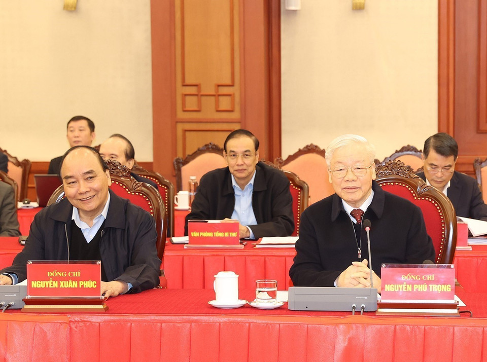 Tổng Bí thư Nguyễn Phú Trọng và Chủ tịch nước Nguyễn Xuân Phúc dự buổi làm việc. (Ảnh: Trí Dũng/TTXVN)