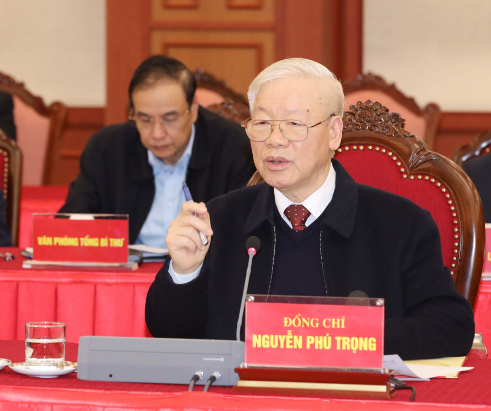 Tổng Bí thư Nguyễn Phú Trọng phát biểu chỉ đạo buổi làm việc. (Ảnh: Phương Hoa/TTXVN)