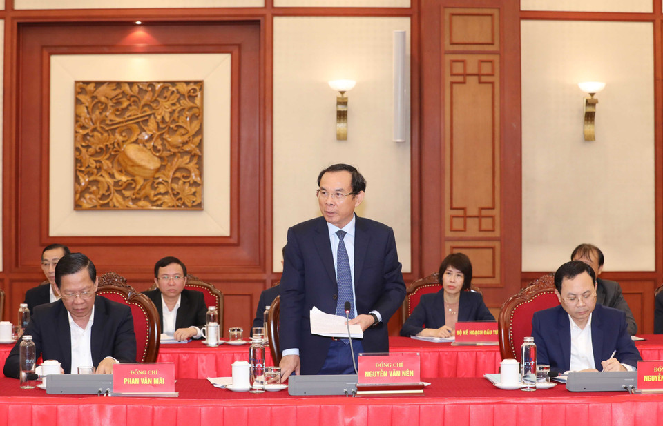 Ông Nguyễn Văn Nên, Uỷ viên Bộ Chính trị, Bí thư Thành ủy Thành phố Hồ Chí Minh, phát biểu tại buổi làm việc. (Ảnh: Phương Hoa/TTXVN)