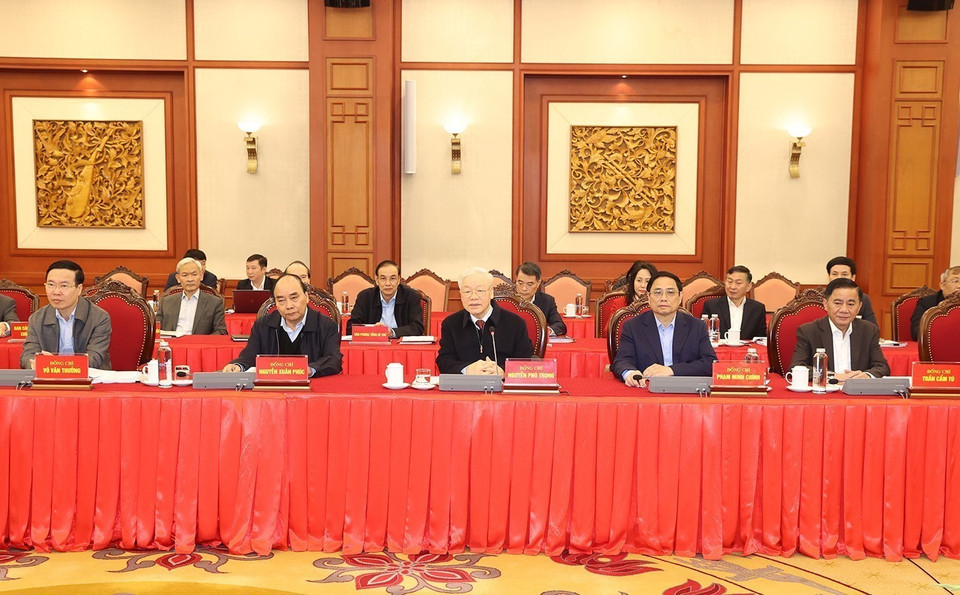 Các lãnh đạo trong Bộ Chính trị tại buổi làm việc. (Ảnh: Trí Dũng/TTXVN)