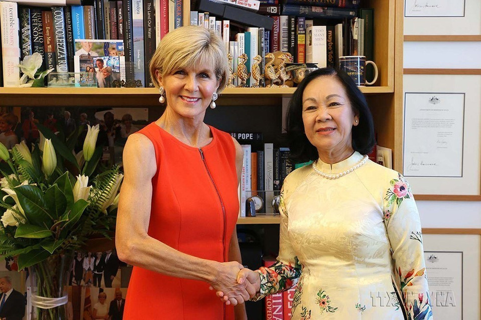 Bộ trưởng Ngoại giao Julie Bishop tiếp Trưởng Ban Dân vận Trung ương Trương Thị Mai thăm Australia, ngày 17/10/2017, tại Thủ đô Canberra. (Ảnh: Khánh Linh/TTXVN)