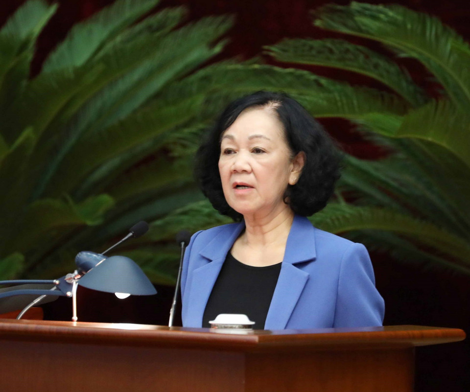 Bà Trương Thị Mai, Ủy viên Bộ Chính trị, Thường trực Ban Bí thư phát biểu tại Hội nghị. (Ảnh: Phương Hoa/TTXVN)