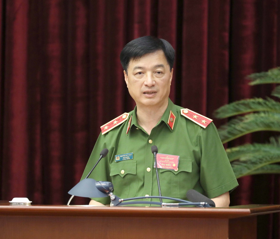 Trung tướng Nguyễn Duy Ngọc, Ủy viên Trung ương Đảng, Thứ trưởng Bộ Công an. tham luận. (Ảnh: Phương Hoa/TTXVN)