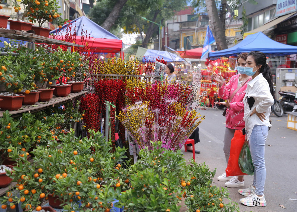 Người dân mua sắm tại chợ hoa Hàng Lược. (Ảnh: Hoàng Hiếu/TTXVN)