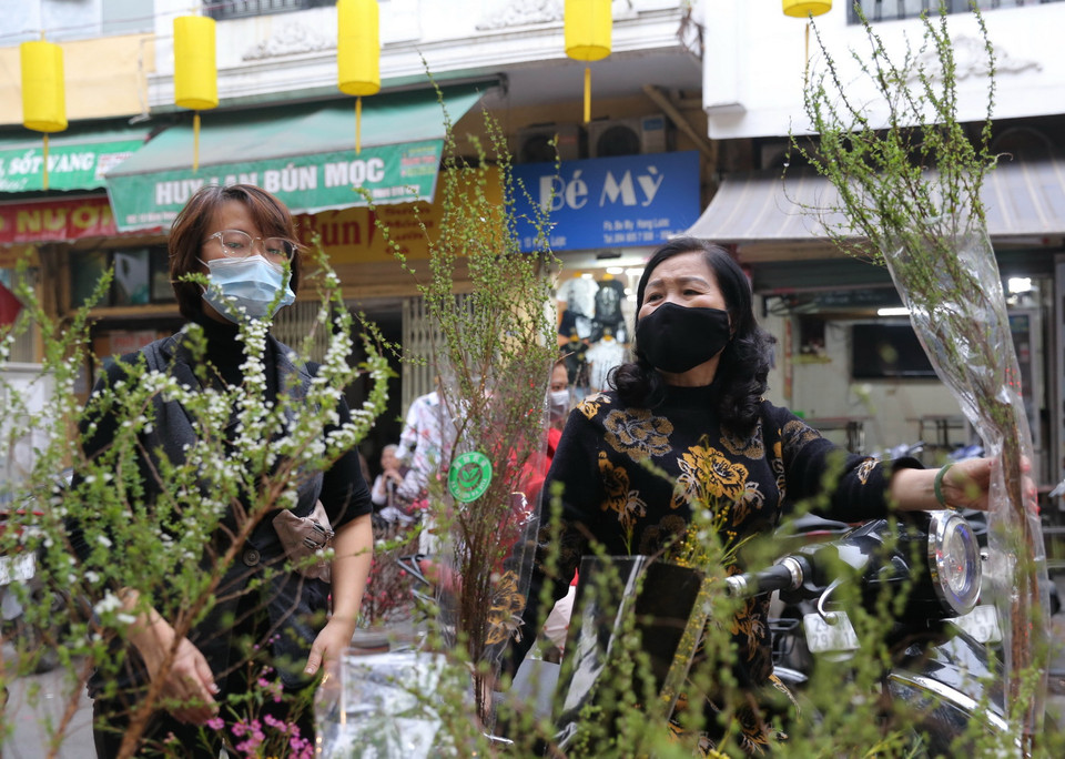 Người dân mua sắm tại chợ hoa Hàng Lược. (Ảnh: Hoàng Hiếu/TTXVN)