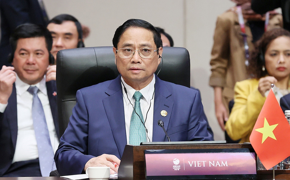 Thủ tướng Phạm Minh Chính phát biểu tại Hội nghị cấp cao ASEAN-Trung Quốc lần thứ 26. (Ảnh: Dương Giang/TTXVN)