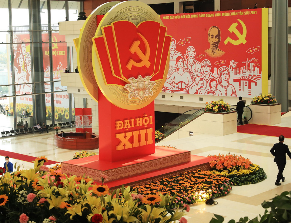 Không gian Trung tâm Hội nghị Quốc gia, nơi tổ chức Đại hội đại biểu toàn quốc lần thứ XIII. (Ảnh: TTXVN)