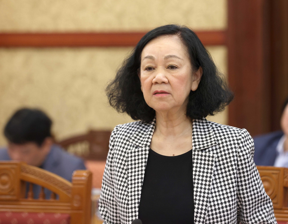 Bà Trương Thị Mai, Ủy viên Bộ Chính trị, Thường trực Ban Bí thư, Trưởng Ban Tổ chức Trung ương; Trưởng Tiểu ban phát biểu chỉ đạo cuộc họp. (Ảnh: Phương Hoa/TTXVN)