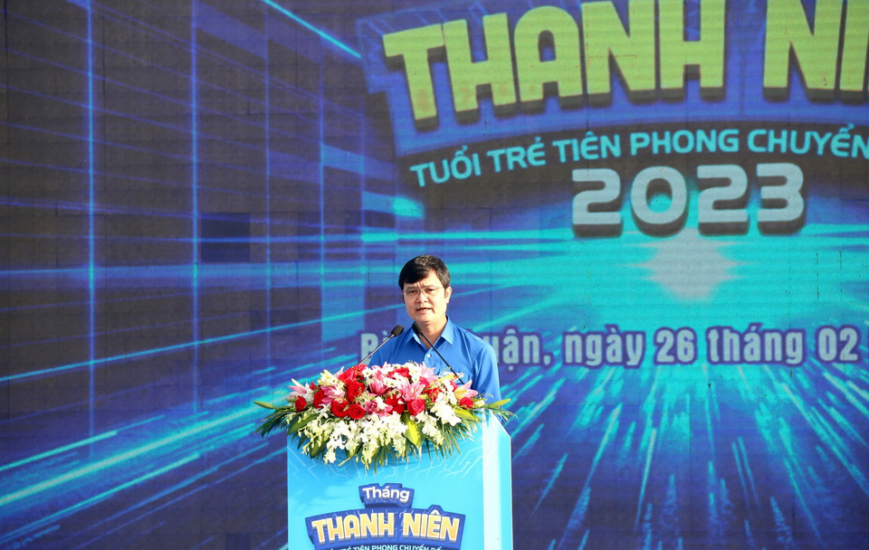 Bí thư thứ nhất Trung ương Đoàn Bùi Quang Huy phát biểu tại Lễ khởi động Tháng Thanh niên 2023. (Ảnh: Nguyễn Thanh/TTXVN)
