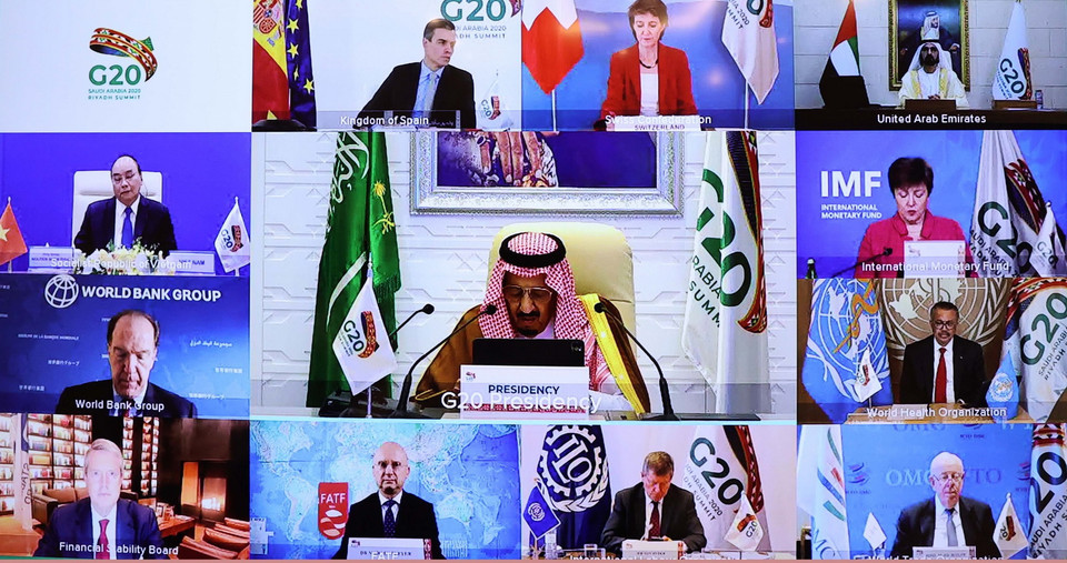 Hội nghị thượng đỉnh nhóm các nền kinh tế phát triển và mới nổi hàng đầu thế giới (G20) theo hình thức trực tuyến. (Ảnh: Thống Nhất/TTXVN)