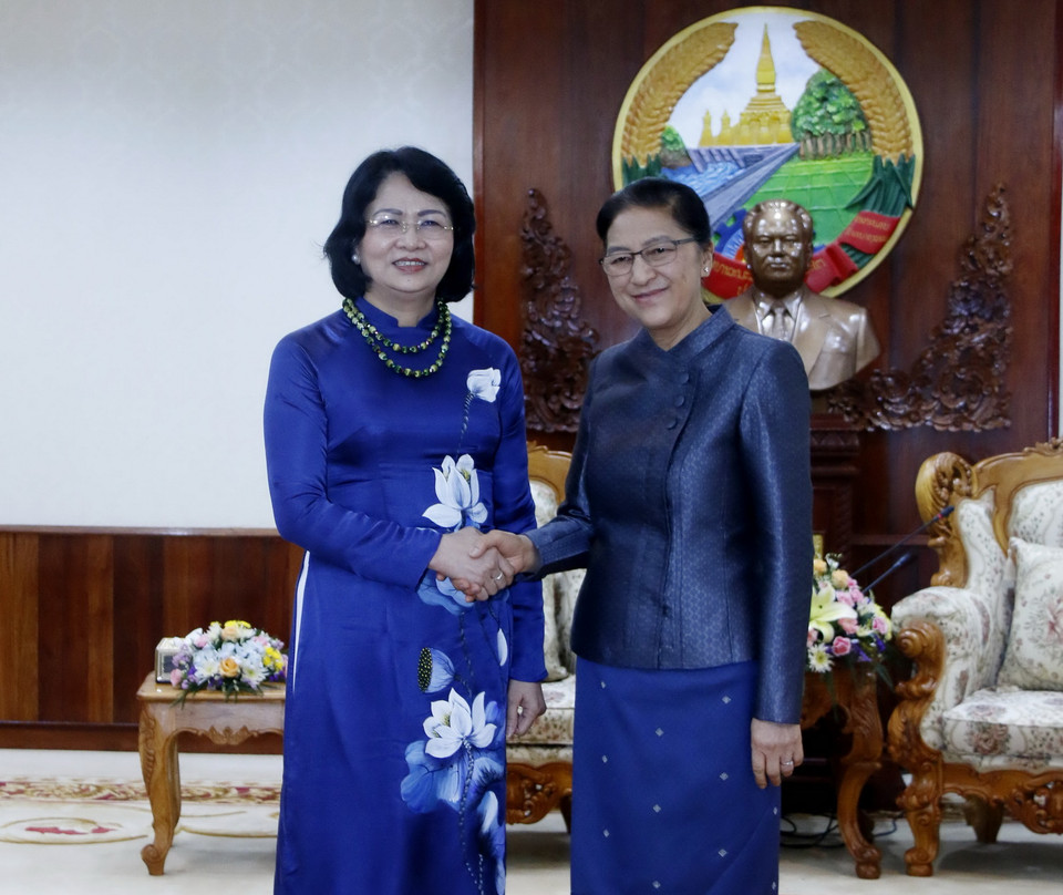 Phó Chủ tịch nước Đặng Thị Ngọc Thịnh hội kiến Chủ tịch Quốc hội Lào Pany Yathotou. (Ảnh: Phạm Kiên/Vietnam+)