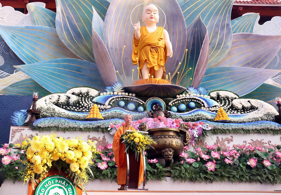 Đại lão Hòa thượng Thích Trí Quảng, Pháp chủ Hội đồng Chứng minh Giáo hội Phật giáo Việt Nam ban Thông điệp Đại lễ Phật đản Phật lịch 2568. (Ảnh: Xuân Khu/TTXVN)