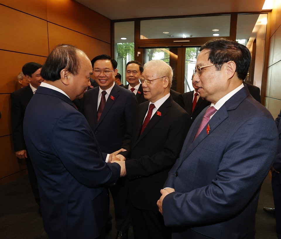 Tổng Bí thư Nguyễn Phú Trọng cùng các lãnh đạo Đảng, Nhà nước dự khai mạc Kỳ họp thứ tư, Quốc hội khóa XV. (Ảnh: Trí Dũng/TTXVN)