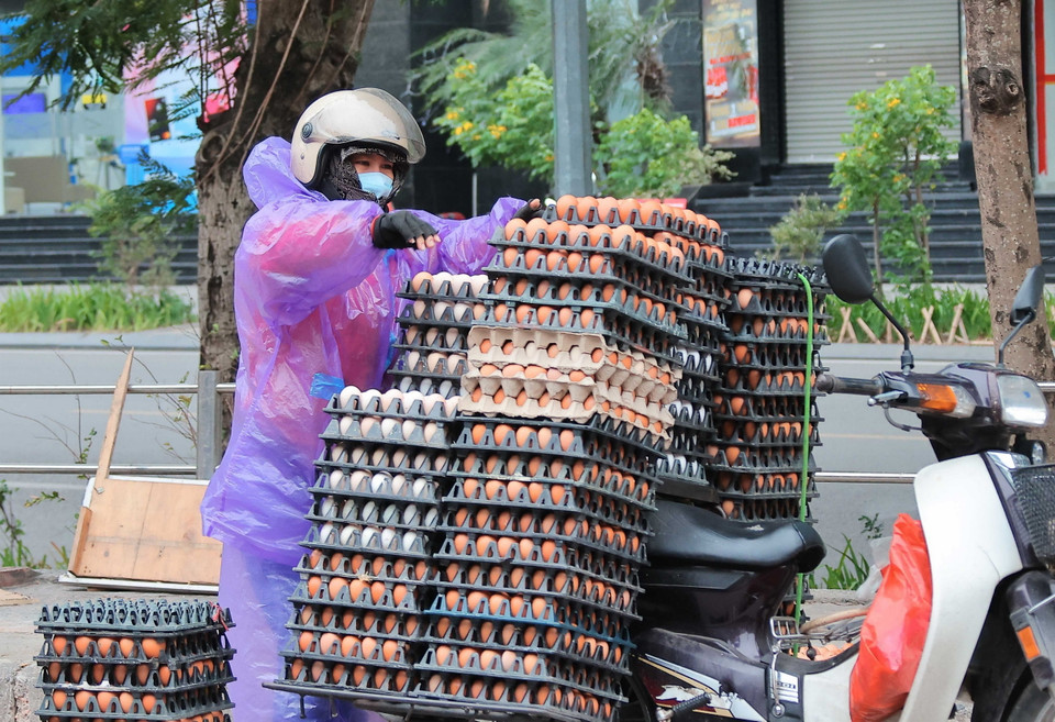 Người lao động ngoài mặc thêm đồ dày còn trang bị thêm quần áo mưa để giữ ấm cơ thể khi làm việc ngoài trời. (Ảnh: Hoàng Hiếu/TTXVN)