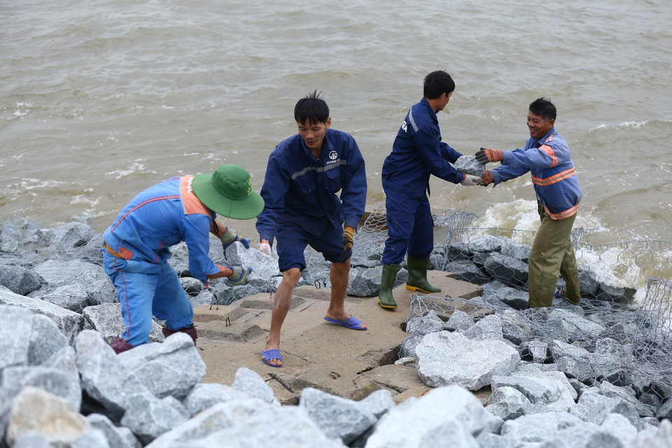 Đá được chuyển xuống gia cố điểm sạt lở tại đê biển xã Thịnh Lộc, huyện Lộc Hà. (Ảnh: Minh Quyết/TTXVN)