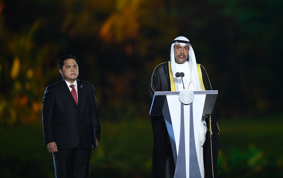Chủ tịch Hội đồng Olympic châu Á Ahmad al-Fahad al-Sabah (phải) phát biểu tại lễ khai mạc ASIAD 2018. (Ảnh: THX/TTXVN)