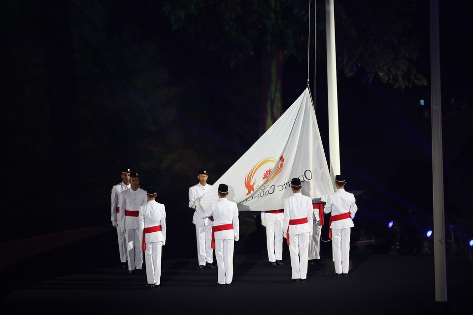 Lễ thượng cờ Olympic châu Á tại lễ khai mạc ASIAD 2018. (Ảnh: THX/ TTXVN)