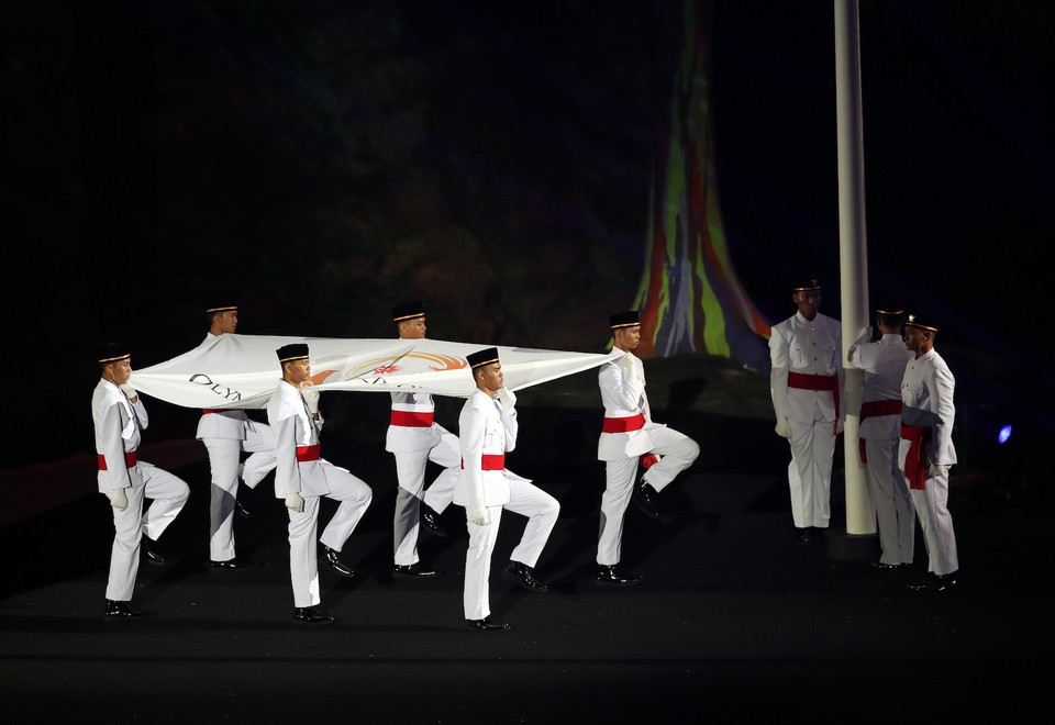 Lễ thượng cờ Olympic châu Á tại lễ khai mạc ASIAD 2018. (Ảnh: THX/ TTXVN)