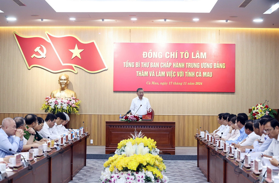 Tổng Bí thư Tô Lâm phát biểu chỉ đạo tại buổi làm việc với Ban Thường vụ Tỉnh ủy Cà Mau. (Ảnh: Thống Nhất/TTXVN)