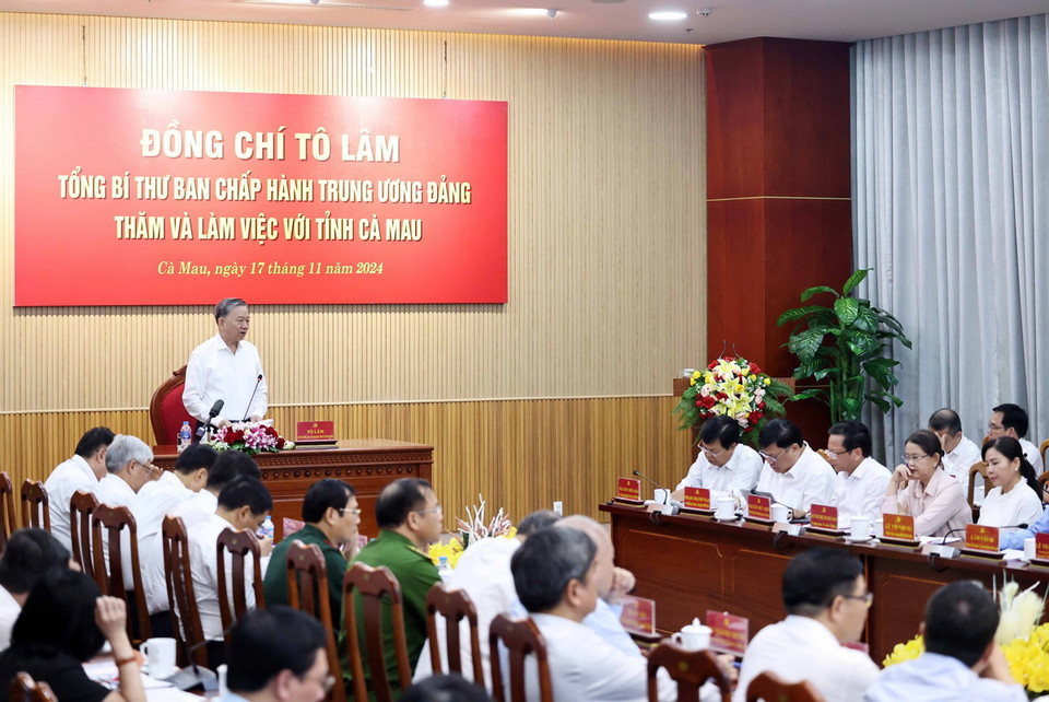 Tổng Bí thư Tô Lâm phát biểu chỉ đạo tại buổi làm việc với Ban Thường vụ Tỉnh ủy Cà Mau. (Ảnh: Thống Nhất/TTXVN)