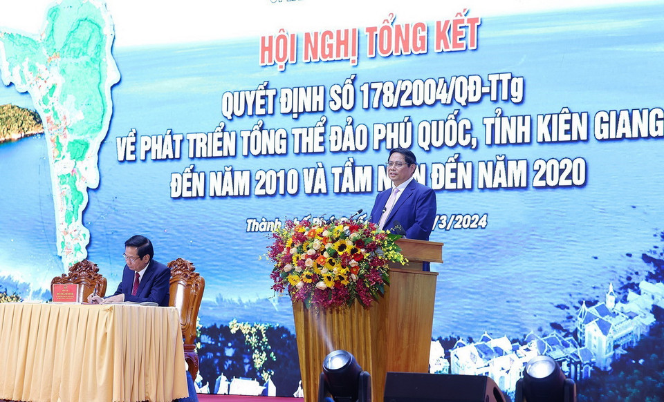 Thủ tướng Phạm Minh Chính phát biểu tại Hội nghị tổng kết Quyết định số 178 về phát triển tổng thể đảo Phú Quốc. (Ảnh: Dương Giang/TTXVN)