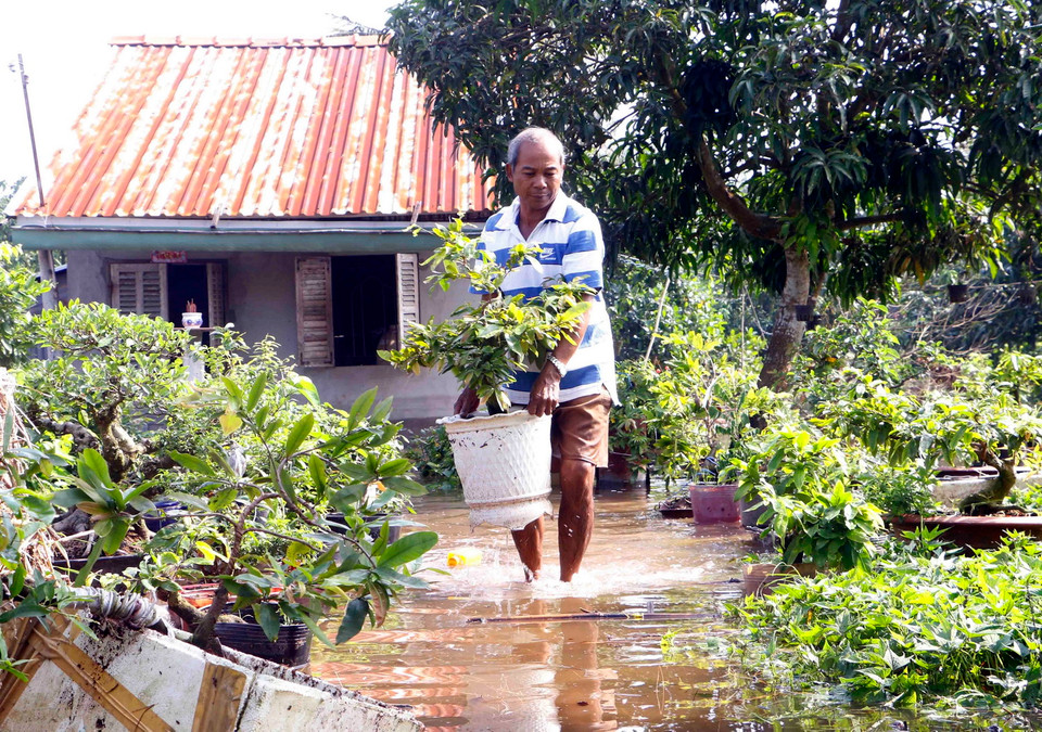 Người dân Cồn Khương di chuyển đồ đạc ra khỏi nơi bị ngập sâu. (Ảnh: Thanh Liêm/TTXVN)