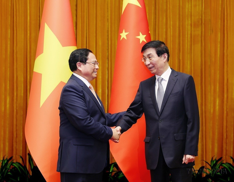 Chiều 26/6/2024, tại Đại lễ đường Nhân dân ở Thủ đô Bắc Kinh (Trung Quốc), Thủ tướng Phạm Minh Chính hội kiến Chủ tịch Chính hiệp toàn quốc Trung Quốc Vương Hộ Ninh. (Ảnh: Dương Giang/TTXVN)