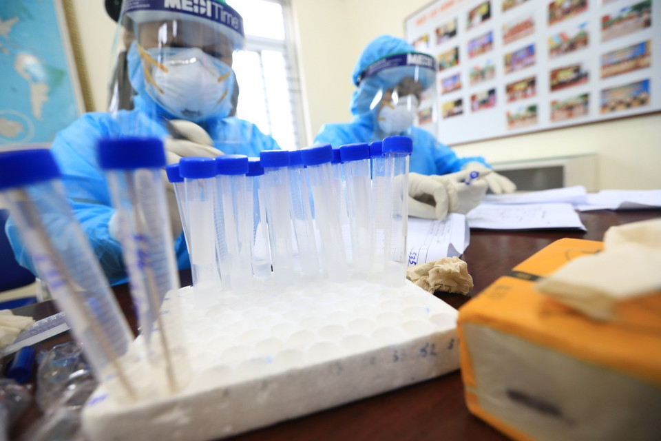 Các mẫu xét nghiệm test nhanh COVID-19 của các em học sinh trường Tiểu học Xuân Phương. (Ảnh: Thành Đạt/TTXVN)