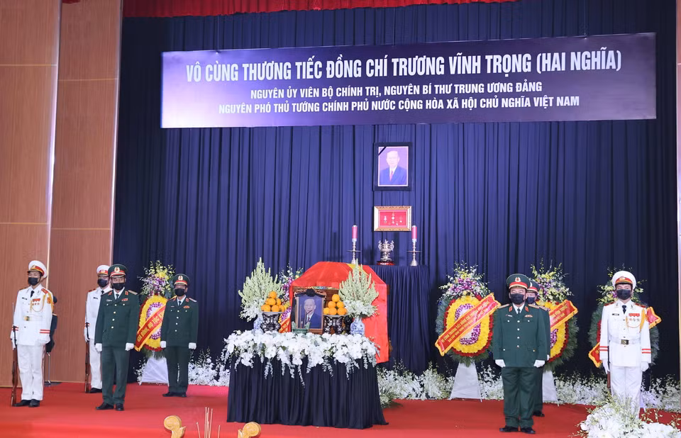 Lễ viếng nguyên Phó Thủ tướng Trương Vĩnh Trọng diễn ra tại Hội trường UBND tỉnh Bến Tre. (Ảnh: Thống Nhất/TTXVN)