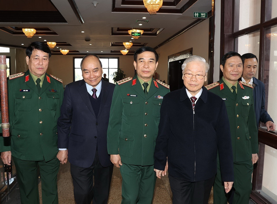  Tổng Bí thư Nguyễn Phú Trọng, Chủ tịch nước Nguyễn Xuân Phúc đến dự hội nghị. (Ảnh: Trí Dũng/TTXVN)