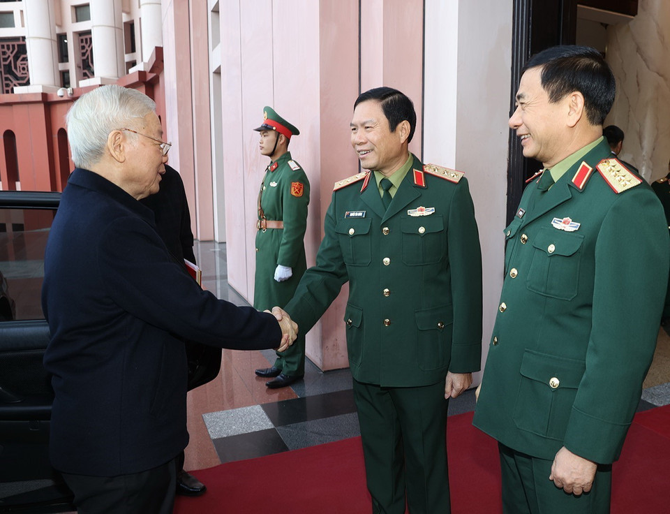  Sáng 19/12, Tổng Bí thư Nguyễn Phú Trọng đến dự hội nghị. (Ảnh: Trí Dũng/TTXVN)