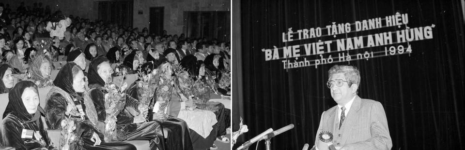 Ngày 10/9/1994, Chủ tịch nước Lê Đức Anh đã ký Lệnh công bố Pháp lệnh quy định Danh hiệu vinh dự Nhà nước Bà Mẹ Việt Nam Anh hùng để tặng hoặc truy tặng những Mẹ đã có nhiều cống hiến, hy sinh vì sự nghiệp giải phóng dân tộc, bảo vệ Tổ quốc và làm nghĩa vụ quốc tế; đồng thời cũng là để giáo dục truyền thống yêu nước, cách mạng cho các thế hệ mai sau. Kể từ đó phong trào này được hưởng ứng, rộng khắp trong cả nước. Trong ảnh: Bí thư Thành ủy Hà Nội phát biểu chào mừng bà mẹ Việt Nam anh hùng của Hà Nội tại Lễ trao tặng danh hiệu Bà mẹ Việt Nam anh hùng (1994). (Ảnh: Thu Hoài/TTXVN)