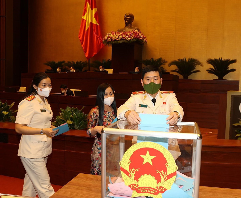 Các đại biểu Quốc hội bỏ phiếu phê chuẩn việc bổ nhiệm Phó Thủ tướng, Bộ trưởng và thành viên khác của Chính phủ. (Ảnh: Trí Dũng/TTXVN)