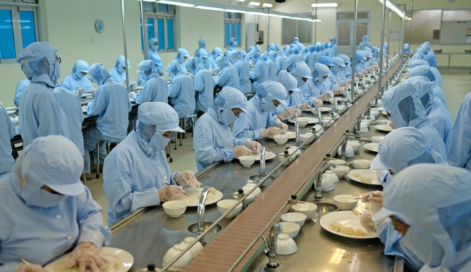 Công đoạn nhặt lông tổ yến tinh chế trên dây chuyền đảm bảo an toàn vệ sinh thực phẩm. (Ảnh: Nguyễn Dũng/TTXVN)