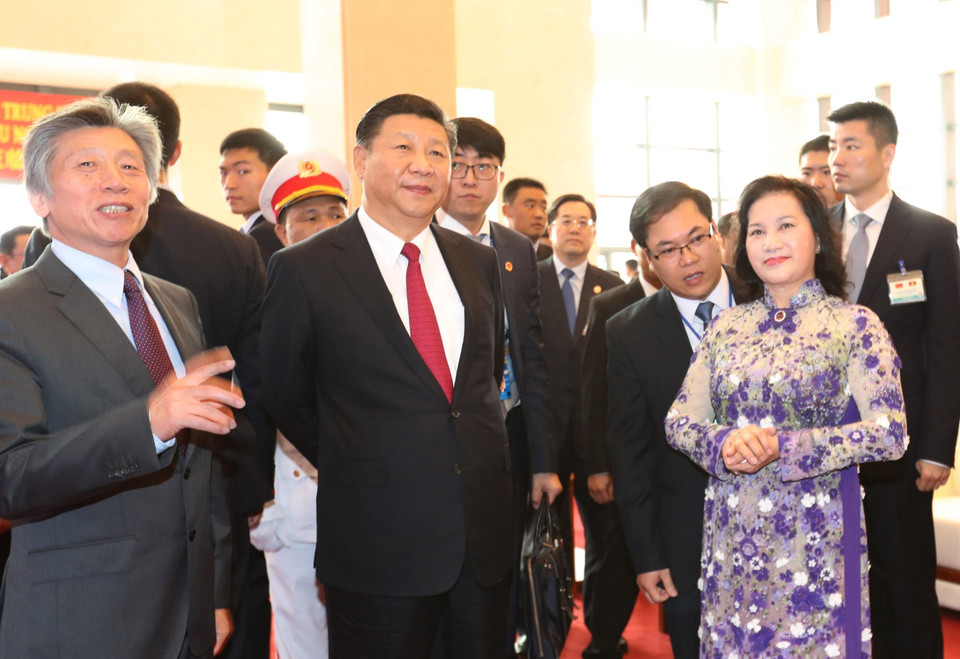 Chủ tịch Quốc hội Nguyễn Thị Kim Ngân và Tổng Bí thư, Chủ tịch Trung Quốc Tập Cận Bình đến dự lễ Khánh thành Cung Hữu nghị Việt-Trung và Lễ khai trương Trung tâm Văn hóa Trung Quốc tại Hà Nội. (Ảnh: Trọng Đức/TTXVN)