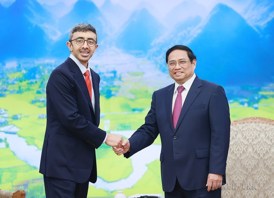 Thủ tướng Phạm Minh Chính tiếp Bộ trưởng Ngoại giao UAE Sheikh Abdullah bin Zayed Al Nahyan, tại Hà Nội, ngày 14/6/2023. (Ảnh: Dương Giang/TTXVN)