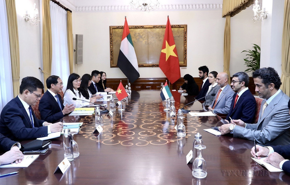 Bộ trưởng Ngoại giao Bùi Thanh Sơn hội đàm với Bộ trưởng Ngoại giao UAE Sheikh Abdullah bin Zayed Al Nahyan thăm chính thức Việt Nam, ngày 14/6/2023. (Ảnh: Lâm Khánh/TTXVN)