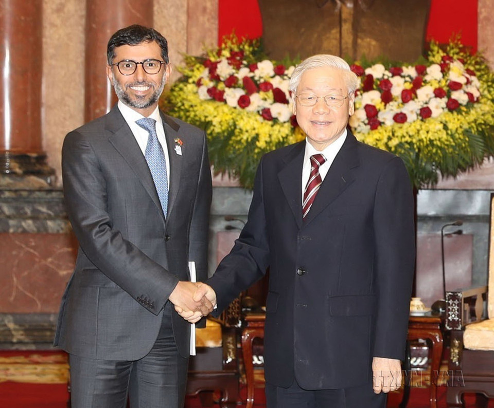 Tổng Bí thư, Chủ tịch nước Nguyễn Phú Trọng tiếp Bộ trưởng Năng lượng và Công nghiệp UAE Suhail Mohamed Faraj Al Mazrouei, tại Hà Nội, ngày 28/3/2019. (Ảnh: Trí Dũng/TTXVN)