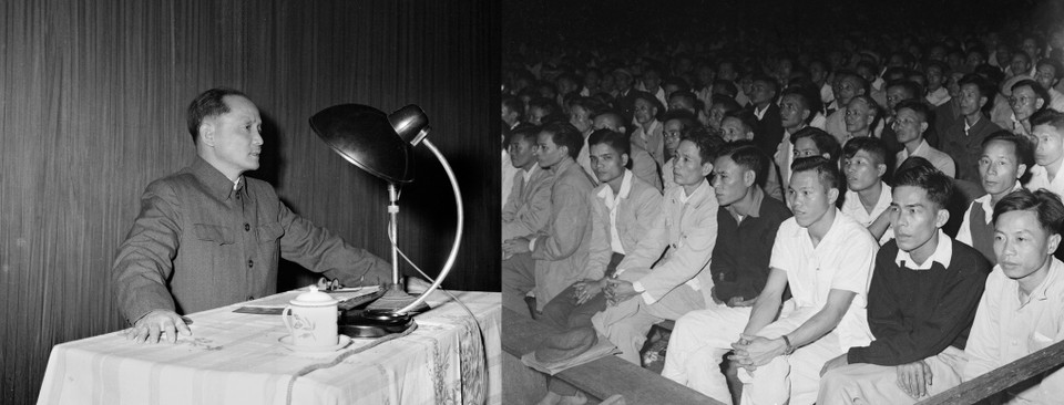 Giai đoạn 1954-1960, công tác tuyên giáo tập trung quán triệt và giúp cấp ủy đảng triển khai thực hiện các Chỉ thị, Nghị quyết, kế hoạch của Ban Bí thư, Ban Chấp hành Trung ương về tăng cường tổ chức học tập lý luận Marx-Lenin cho cán bộ, đảng viên; giáo dục giác ngộ xã hội chủ nghĩa cho đảng viên; về hợp tác hóa nông nghiệp và cải tạo công thương nghiệp tư bản tư doanh theo chủ nghĩa xã hội… Trong ảnh: Hơn 6000 cán bộ công đoàn và đoàn viên các cơ quan Trung ương nghe đồng chí Hoàng Quốc Việt, Ủy viên Trung ương Đảng nói chuyện về các nghị quyết của Đảng tối 19/10/1960, tại Hà Nội. (Ảnh: TTXVN)
